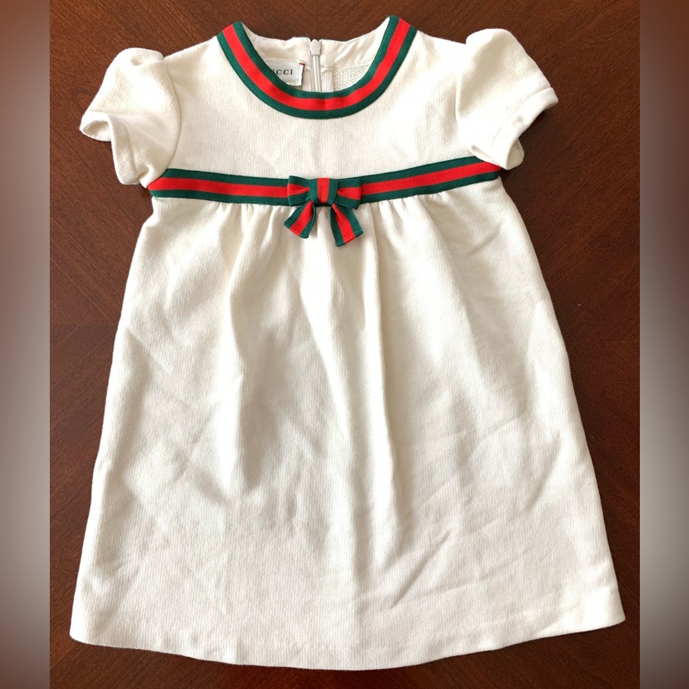 GUCCI Baby Cotton Red & Green Bow Dress